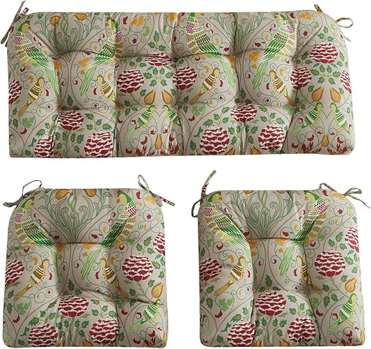 ADLIVWYD 3-Pieces Wicker Chair Cushion Set, 1 loveseat and 2 U-Shape, 44"x19" &19"x19" Tufted Outdoor Cushions for Indoor/Outdoor Bench Patio Furniture, (Khaki Bird Floral)