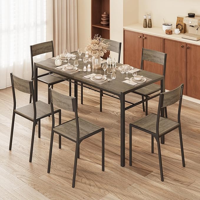 Gizoon Dining Table Set for 6 with Chairs, 7-Piece Kitchen Table Set for Small Space, Apartment, Kitchen, Dining Room, Space-Saving
