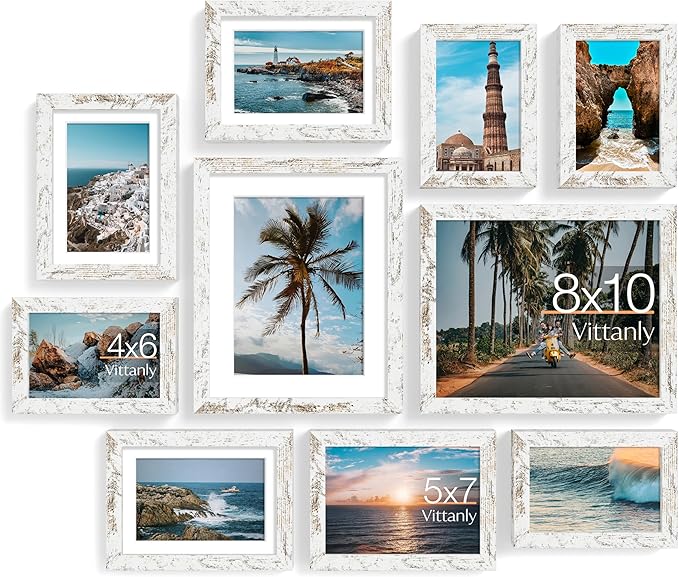 Vittanly Picture Frames Set of 10, Picture Frames Collage Wall Decor with Two 8x10, Four 5x7, and Four 4x6 Photo Frames, Gallery Wall Frame Set for Wall or Tabletop Display, Distressed White