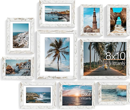 Vittanly Picture Frames Set of 10, Picture Frames Collage Wall Decor with Two 8x10, Four 5x7, and Four 4x6 Photo Frames, Gallery Wall Frame Set for Wall or Tabletop Display, Distressed White