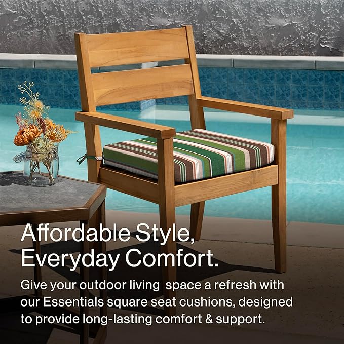 Honeycomb Outdoor Essentials Set of 2 Square Seat Pads, 19 x 19, Stripe Pine Green Dining Chair Cushions for Patio Furniture