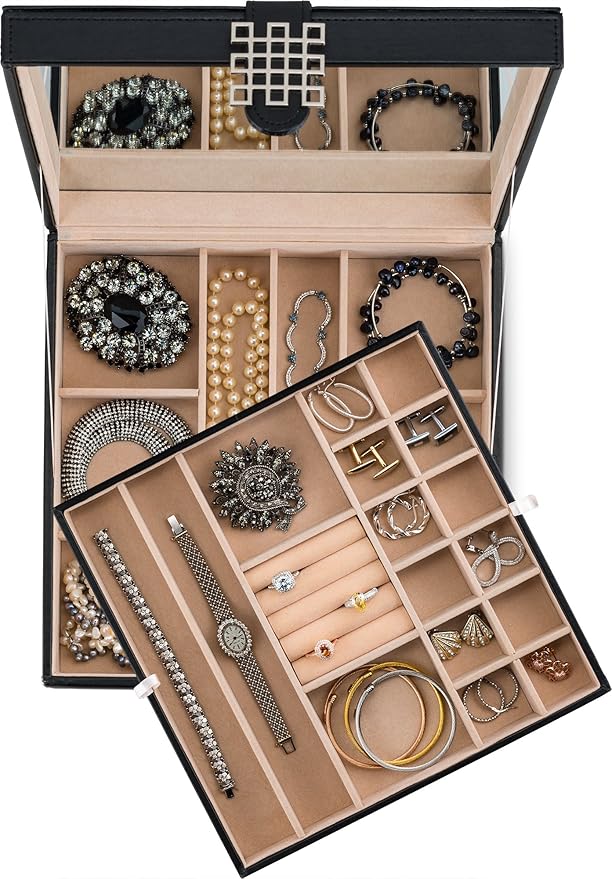Co 28 Section Jewelry Box - 2 Layer - Buckle Snap & Magnet Closure - Large Mirror - Pu Leather - Black - Jewelry Organizer for Women & Girls - Holder for Earring Ring Necklace & Bracelet