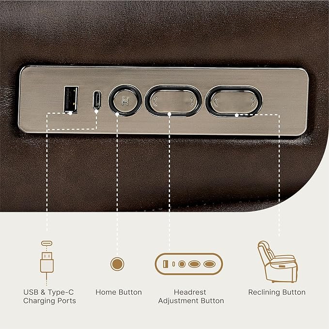 Leather Recliner Chair Wall Hugger Recliner with Adjustable Headrest and Footrest Electric Power Reclining Sofa with USB/Type-C Charging for RV Living Room Bedroom