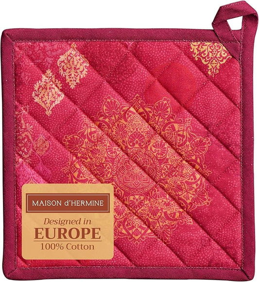Maison d' Hermine Pot Holders 100% Cotton Heat Resistant Potholders 8" x 8" Hot Pads with Loop for Thanksgiving Christmas Decorations BBQ Cooking Baking Handling Hot Pans (Pack of 1, Versailles)