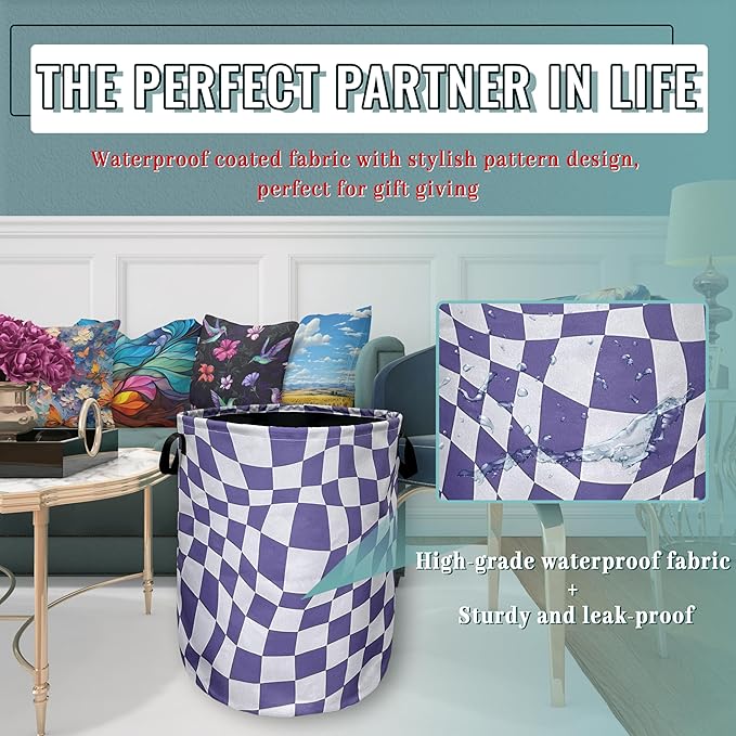 Purple Checkerboard Laundry Basket Foldable With Handles Tote Bag Oxford Cloth Colorful Plaid Laundry Hamper 18.9"x1 6.5" Clothes Storage Bucket Toy Organizer For Bathroom/Laundry/Bedroom
