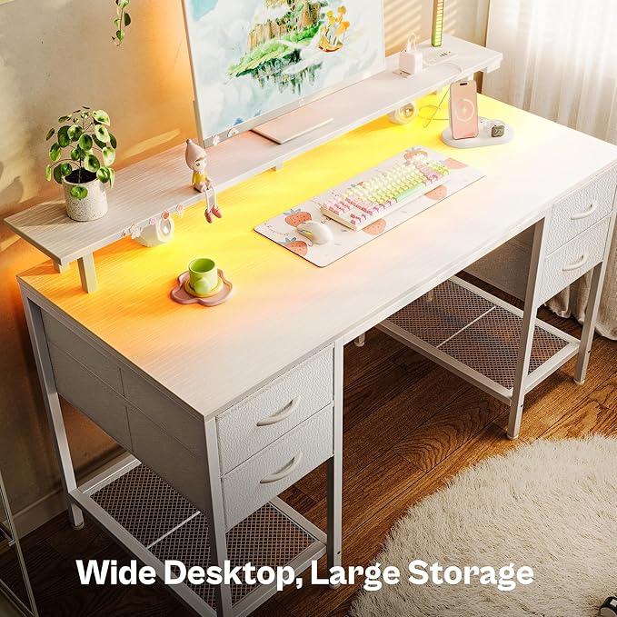 Huuger 47 inch Computer Desk with 4 Drawers, Gaming Desk with LED Lights & Power Outlets, Home Office Desk with Large Storage Space for Bedroom, Work from Home, White