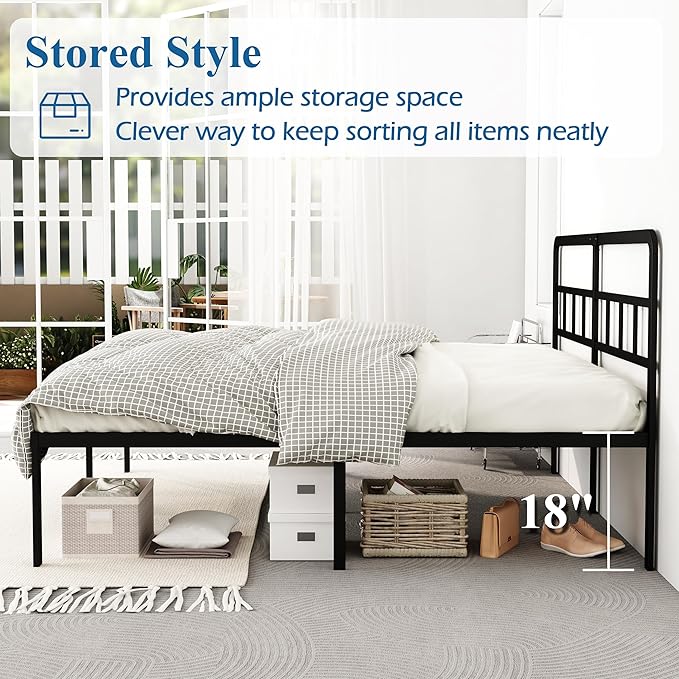 King Size Bed Frame with Headboard, 18 Inch Metal Platform No Box Spring Needed Heavy Duty Steel Slat Mattress Foundation/Easy Assembly/Noise Free/Black