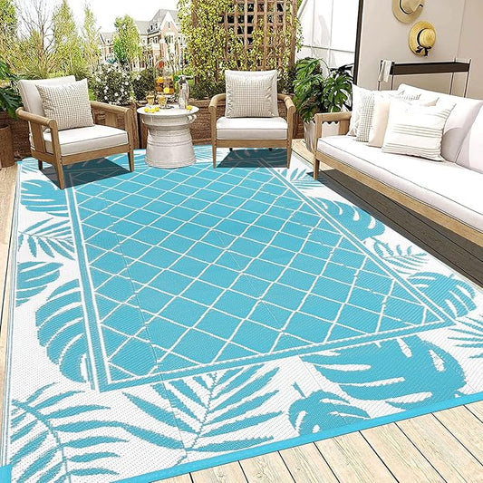 Ileading Outdoor Rug Carpet for Patio 6' x9' Waterproof Reversible Plastic Straw Rug Portable Outside Area Rug Camping Mat for Patio, Clearance, Balcony, Picnic, Pool, Beach, RV, Deck, Leaf Teal