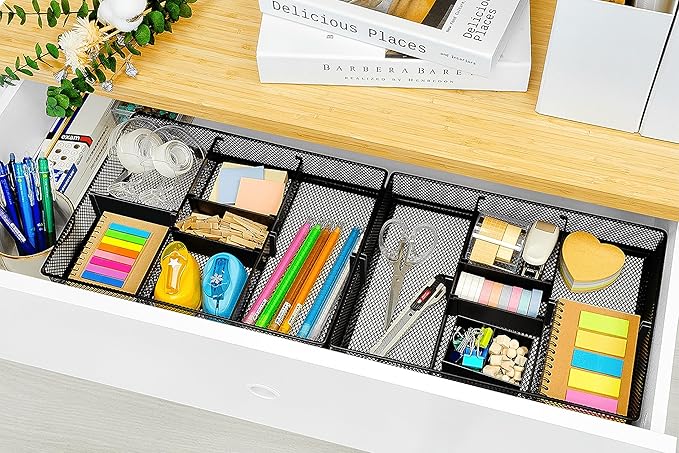 CAXXA Mesh 3 Slot Desk Drawer Organizer with Four Adjustable Dividers - Black