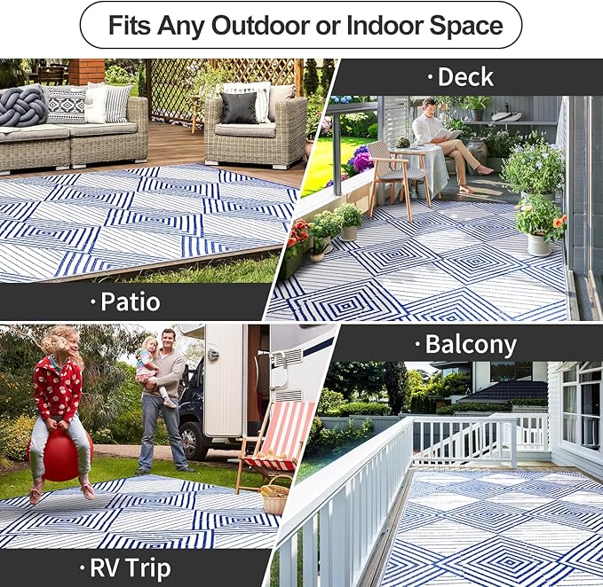 Waterproof Outdoor Rug 6x9ft, Foldable Reversible Plastic Straw Mat for Patio RV Deck Porch Backyard Balcony Camping Picnic Beach Indoor Outdoor Carpet, Blue&White