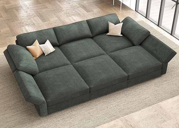 HONBAY Modular Sectional Sofa with Storage Corduroy Sectional Sleeper Sofa Modular Sectional Couches for Living Room,Green