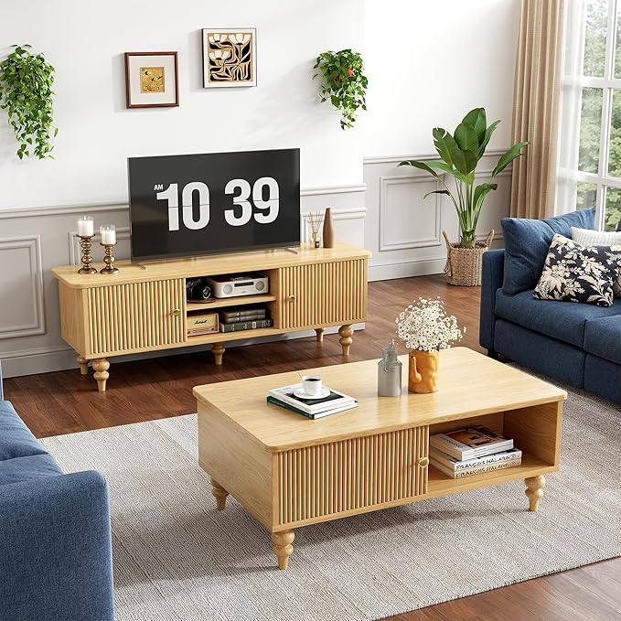 Mid-Century Modern Coffee Table, Wooden Fluted Entertainment Center with Open Storage Shelf, Rustic Living Room Furniture for Home & Office, Natural Oak