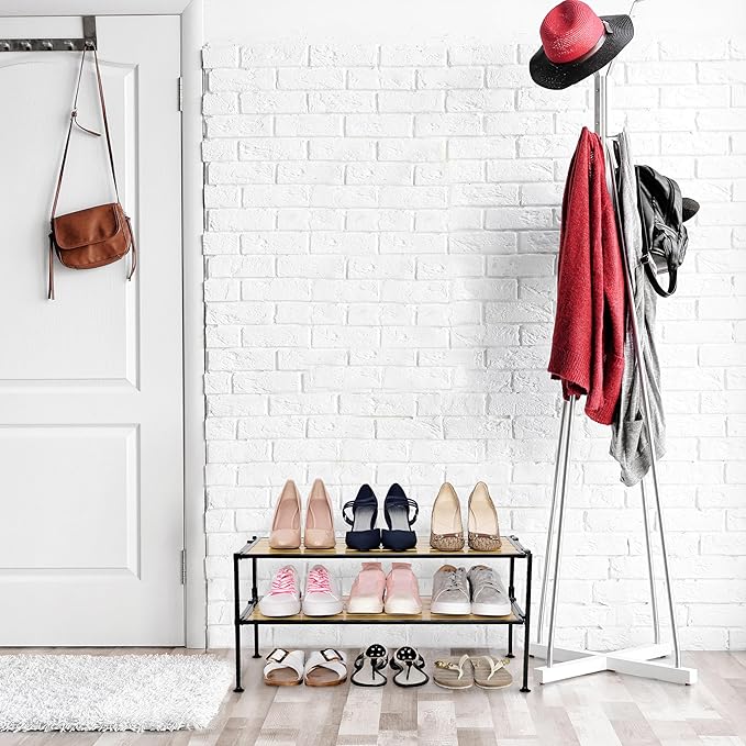 Seville Classics Sturdy Freestanding Storage Shelf for Bedroom, Closet, Entryway, Dorm Room Organizer Stackable Durable Metal Shoe Rack Countryside Aspen Slat, 2-Tier