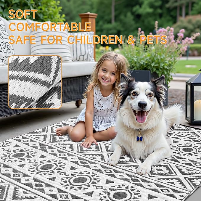 Outdoor Rug Waterproof 6x9 ft, Reversible Outdoor Plastic Straw Rug Patio Rug, RV Rugs for Outside, Outdoor Carpet for Patio Camping Deck Balcony Backyard, Black & Gray
