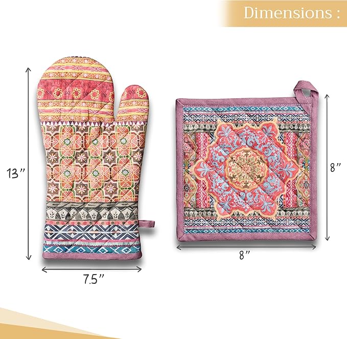 Maison d' Hermine 100% Cotton Oven Mitt & Pot Holder Set (7.5"x13" & 8"x8") Heat Resistant BBQ Cooking Gloves with Loop for Thanksgiving Christmas Decorations Handling Hot Pans (Ispahan)