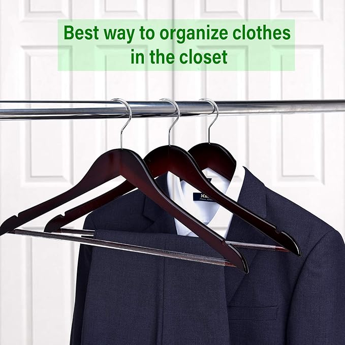 Quality Wooden Hangers - Slightly Curved Hanger Set in 10-Pack - Solid Wood Coat Hangers with Stylish Chrome Hooks - Heavy-Duty Clothes, Jacket, Shirt, Pants, Suit Hangers (Mahogany, 10)