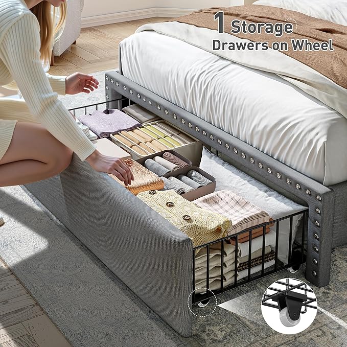 EnHomee Twin Size Bed Frame with One Large Storage Headboard & Charging Station, LED Platform Bed Frame with Storage Drawer, Sturdy Wooden Slats Support, Noise-Free, No Box Spring Needed, Grey