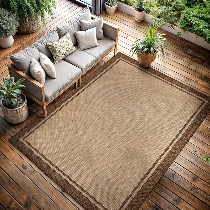 CAMILSON Outdoor Rug 5x7 Bordered Natural Brown Modern Area Rugs for Indoor and Outdoor Patios, Kitchen and Hallway Mats, Washable Porch Deck Outside Carpet (Border Jute, 5 x 7)