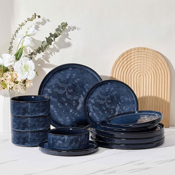 Herogo 12 Pieces Dinnerware Sets, Plates and Bowls Sets Service for 4, Modern Stoneware Dinning Dishes, Dishwasher & Microwave Safe, Starry Blue