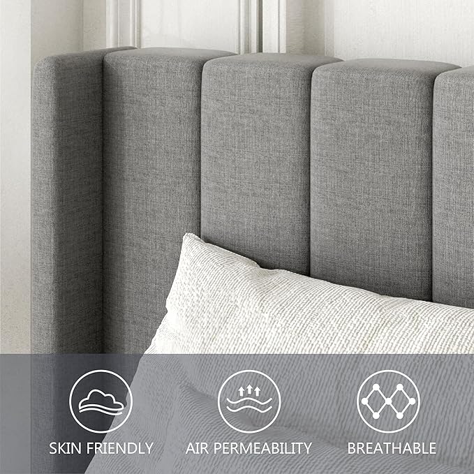 Full Size Bed Frame with Upholstered Wingback Headboard, Easy Assemnly Platform Bed, Wooden Slat Support No Box Spring Needed, Light Gray