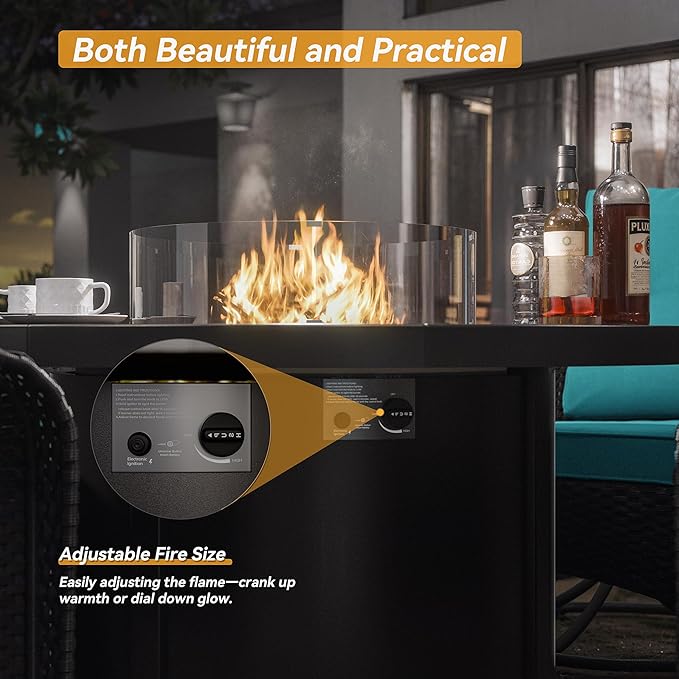 Kurapika 5 Pieces Patio Furniture Set, Rattan Wicker Outdoor Conversation Sets, 4 Woven Rattan Swivel Chairs w/48in Propane Fire Pit Table and Thickened Cushions, Blue