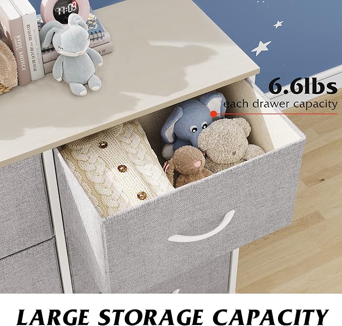 WLIVE Fabric Dresser for Bedroom, 6 Drawer Double Dresser, Storage Tower with Fabric Bins, Chest of Drawers for Closet, Living Room, Hallway, Light Grey