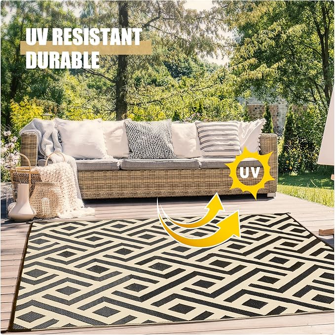 Terrug Outdoor Rug Waterproof 4x6 Ft, Foldable Outdoor Plastic Straw Rug, UV Reversible Patio Rug Decor, Outdoor Area Rug for Camping, RV, Porch, Deck, Backyard, Balcony, Picnic, Black & Beige