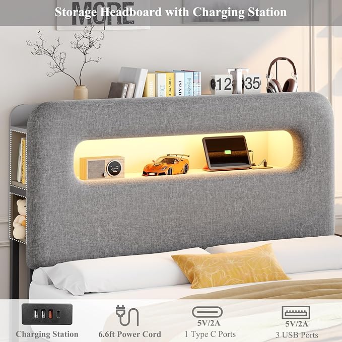 HOSTACK Full LED Bed Frame with Storage Headboard and Charging Station, Boys Bed Frame with 2 Drawers and USB Ports, Velvet Upholstered Platform Bed Frame with Bookcase, No Box Spring Needed, Grey