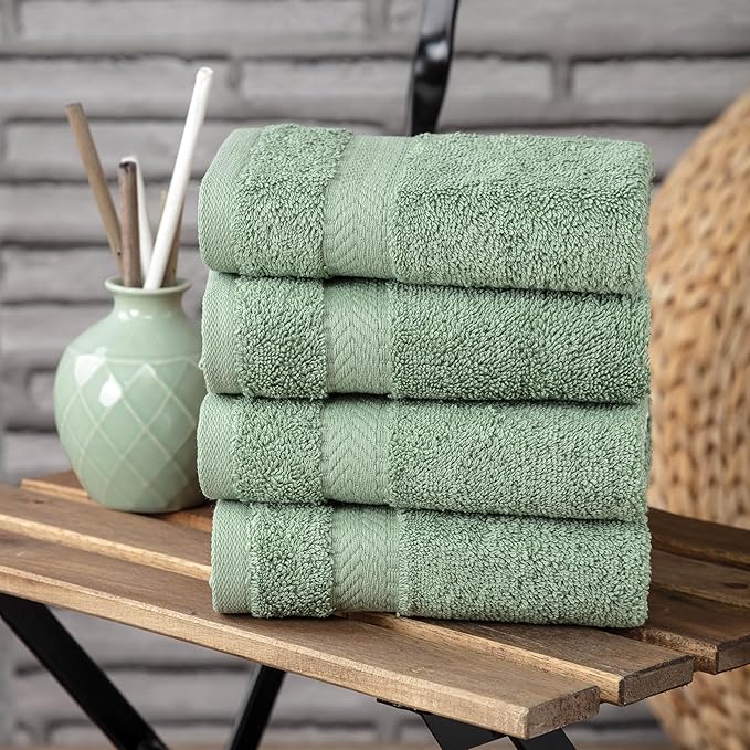 TEXTILOM 100% Turkish Cotton 4 Piece Luxury Washcloth Towel Set for Bathroom & Kitchen, Thick & Super Soft & Highly Absorbent & Quick Dry for Face and Hand- Green