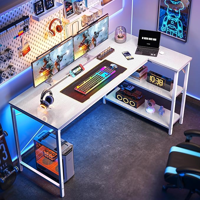 Huuger L Shaped Desk, 55 Inches Computer Desk with Reversible Storage Shelves, for Gaming Corner Home Office Writing Study, Metal Frame, White