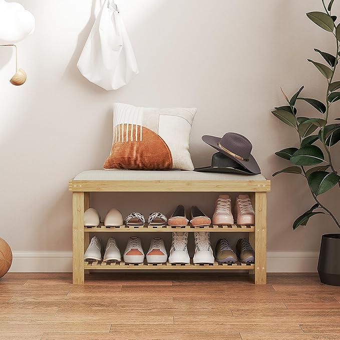 HOMCOM Bamboo Shoe Bench, 3-Tier Entryway Bench with Storage and Cushion, Shoe Organizer for Entryway, Hallway, Holds Up to 331 lbs, 35.4 x 11.4 x 19.3 Inches, Cream White