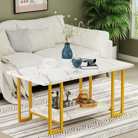 AWQM Marble Coffee Table, Faux Marble Top Rectangular Coffee Table with Gold Metal Frame, 2 Tier Living Room Table for Living Room, Office, Balcony, 40 Inch, White and Gold