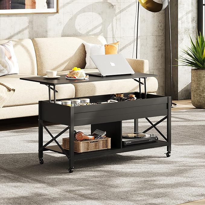 WLIVE Coffee Table, 41.3" Lift Top Coffee Table with 4 Wheels, Hidden Compartment, Storage Shelf and Lift Tabletop for Living Room, Reception Room, Black