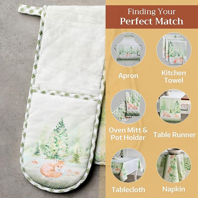 Maison d' Hermine Double Oven Mitt (7" x 35") 100% Cotton Heat Resistant BBQ Cooking Gloves with Loop for Thanksgiving Christmas Decorations Baking Cooking Barbeque Handling Hot Pan (Winter Mornings)