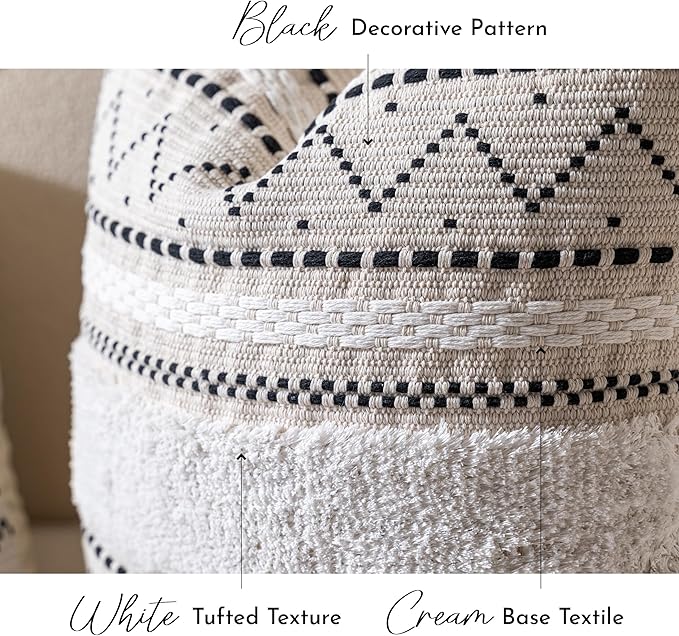 Decorative Throw Pillow Cover 20x20 Square Boho Black Neutral White Accent Pillowcase Tassels Farmhouse Cushion for Couch Sofa Bedroom Living Room Home Décor (Cover ONLY, Pack of 1)