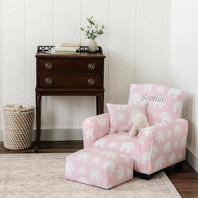 Toddler Personalized Armchair, Kids Upholstered Rocking Chair with Personalization, Toddler Chair with Personalized Name, Comfy Child Armchair, (Pink Elephants Print, Legs)