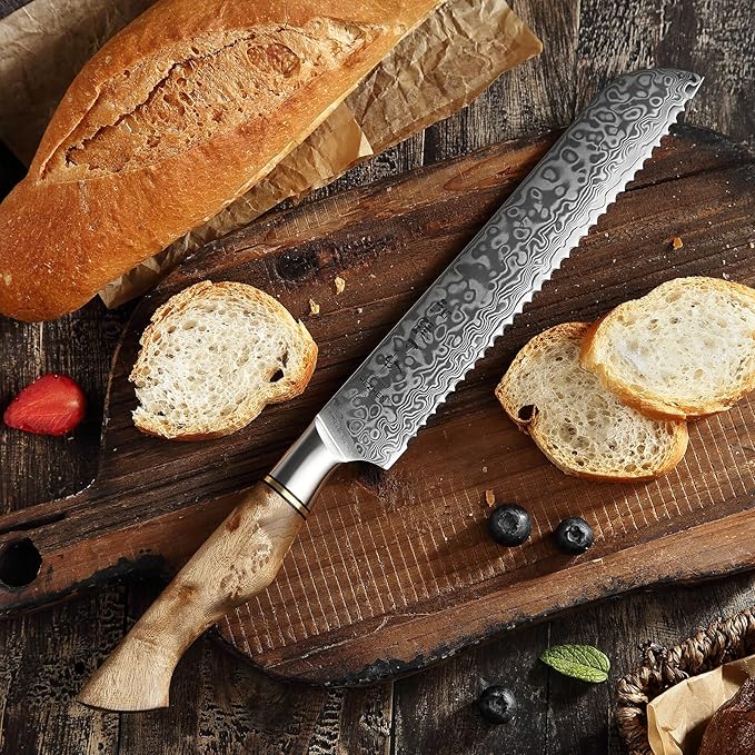 HEZHEN 8.3 Inch Serrated Bread Knife, Damascus Steel Cake Knife,High Carbon Steel Kitchen Knife, Wood Handle and Gift Box