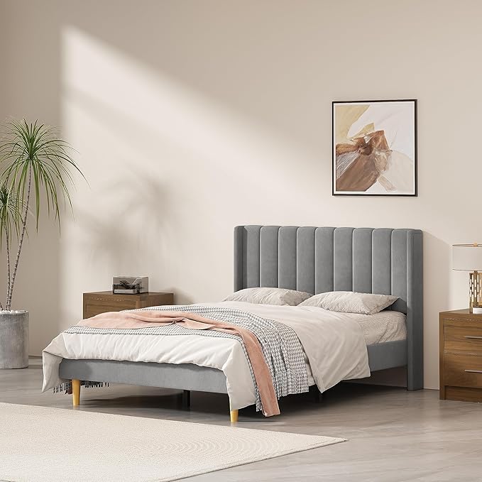 Full Size Upholstered Platform Bed Frame with Modern Wingback & Vertical Panel Headboard, Velvet Fabric, Wooden Legs & Slats Support, No Box Spring Needed, Noise-Free & Easy Assembly, Grey