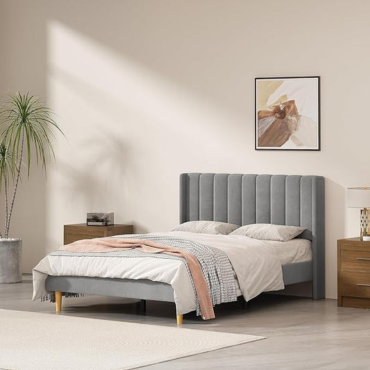 Full Size Upholstered Platform Bed Frame with Modern Wingback & Vertical Panel Headboard, Velvet Fabric, Wooden Legs & Slats Support, No Box Spring Needed, Noise-Free & Easy Assembly, Grey