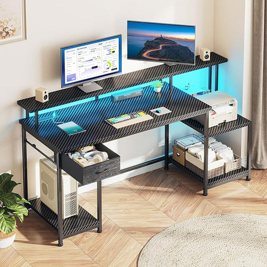 55" W Gaming Desk, Computer Desk with LED & Power Outlet, Office Desk with Printer Storage Shelves & Storage Drawer, Study Table with Monitor Shelf, Dorm Room Essentials, Black