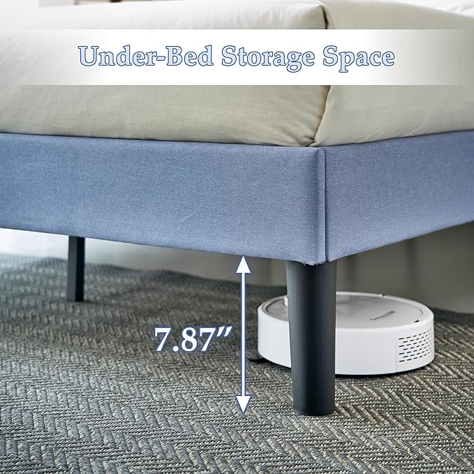 VECELO Full Size Bed Frame with Adjustable Headboard, Upholstered Button Tufted Platform Bedframe with Wood Slats Support, No Box Spring Needed, Light Blue