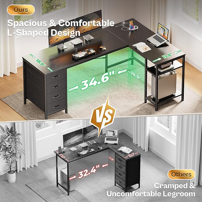 Huuger 63 Inch L Shaped Desk with Fabric Drawers, Reversible Computer Gaming Desk with Power Outlets and USB-C Port, Adjustable Side Storage Shelves, for Work Study Corner Home Office, Black