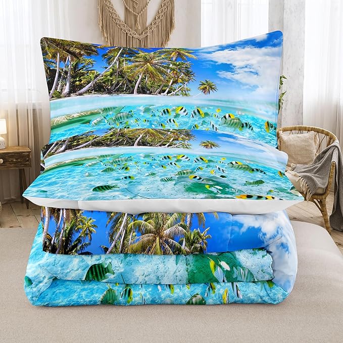 Tailor Shop Coastal Comforter Sets Coastal Bedding Sets Full Size Beach Themed Fish Bedding Set Sea Ocean Bed Sets with 1 Comforter 2 Pillowcases…