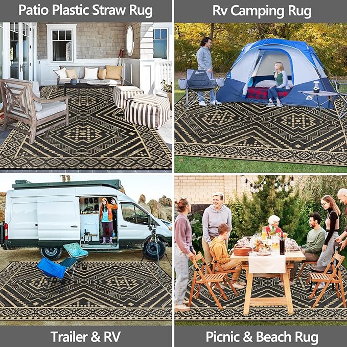 Waterproof Outdoor Rug 8x10 ft, Reversible Plastic Straw Mat, Large Floor Mat for Patio, Camping, Picnic, Backyard RV, Deck, Black