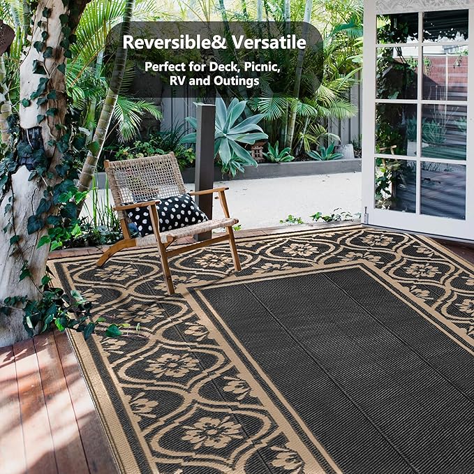 Outdoor Rug 8x10 Patio Waterproof Mat Camping Carpet Outside Area Rug Reversible Brown Rugs for RV Deck Entryance Porch Picnic Balcony Beach