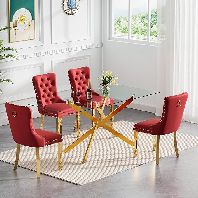 Goujxcy 7 Piece Glass Dining Table Set Modern Glass Dining Table Set for 6, 61" Rectangular Gold Kitchen Table and 6 Velvet Upholstered Wine Red Chairs, Gold Table & Burgundy Chair
