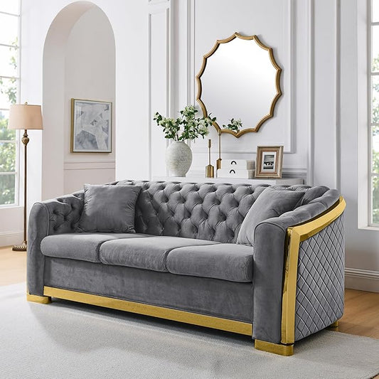 KEIKI 81" Luxury Oversized Velvet Chesterfield Sofa with Gold Stainless Decoration, Mid-Century Style 3-Seater Couch with Tufted Back and Rolled Arms, Easy Assembly, for Apartment, Living Room, Grey