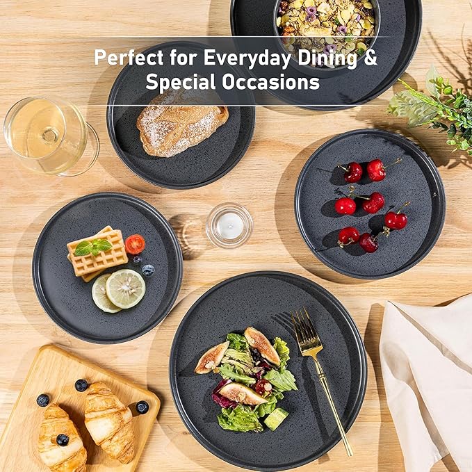 GBHOME Ceramic Dinnerware Sets for 4, Stoneware Plates and Bowls Sets, Chip and Scratch Resistant Dishes, Dishwasher & Microwave& Oven Safe Dishes sets, Reactive Glaze-Speckled Black