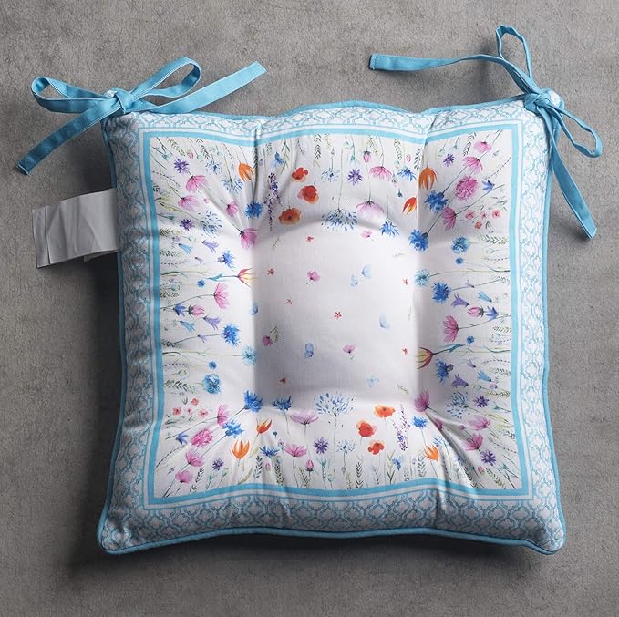 Maison d' Hermine Chair Pads for Dining Chairs Cotton Outer Fabric and Poly Filling 16"x16" Patio Seat Cushions for Furniture with Ties Home Chair Party Hall Farmhouse (Flower In The Field, Pack of 2)