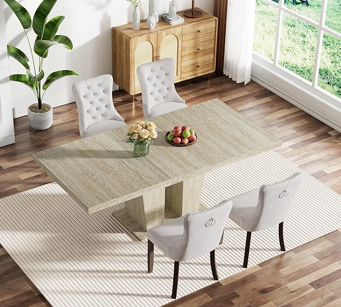 Goujxcy 5-Piece Extendable Dining Table Set for 4, 63-78 Inch Faux Travetine Kitchen Table Set with 4 Beige Upholstered Chairs Modern Wood Expandable Dining Room Table Set for Kitchen Apartment